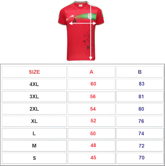 جدول ابعاد لباس دوم تیم ملی ایران 2022 قرمز